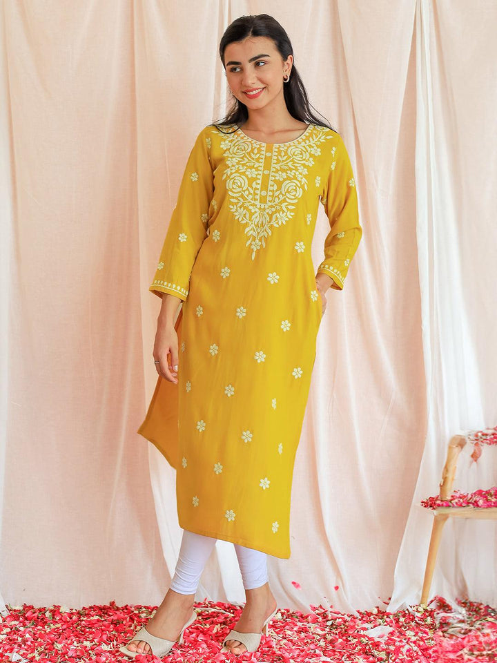 Mustard Embroidered Rayon Straight Kurta - Libas