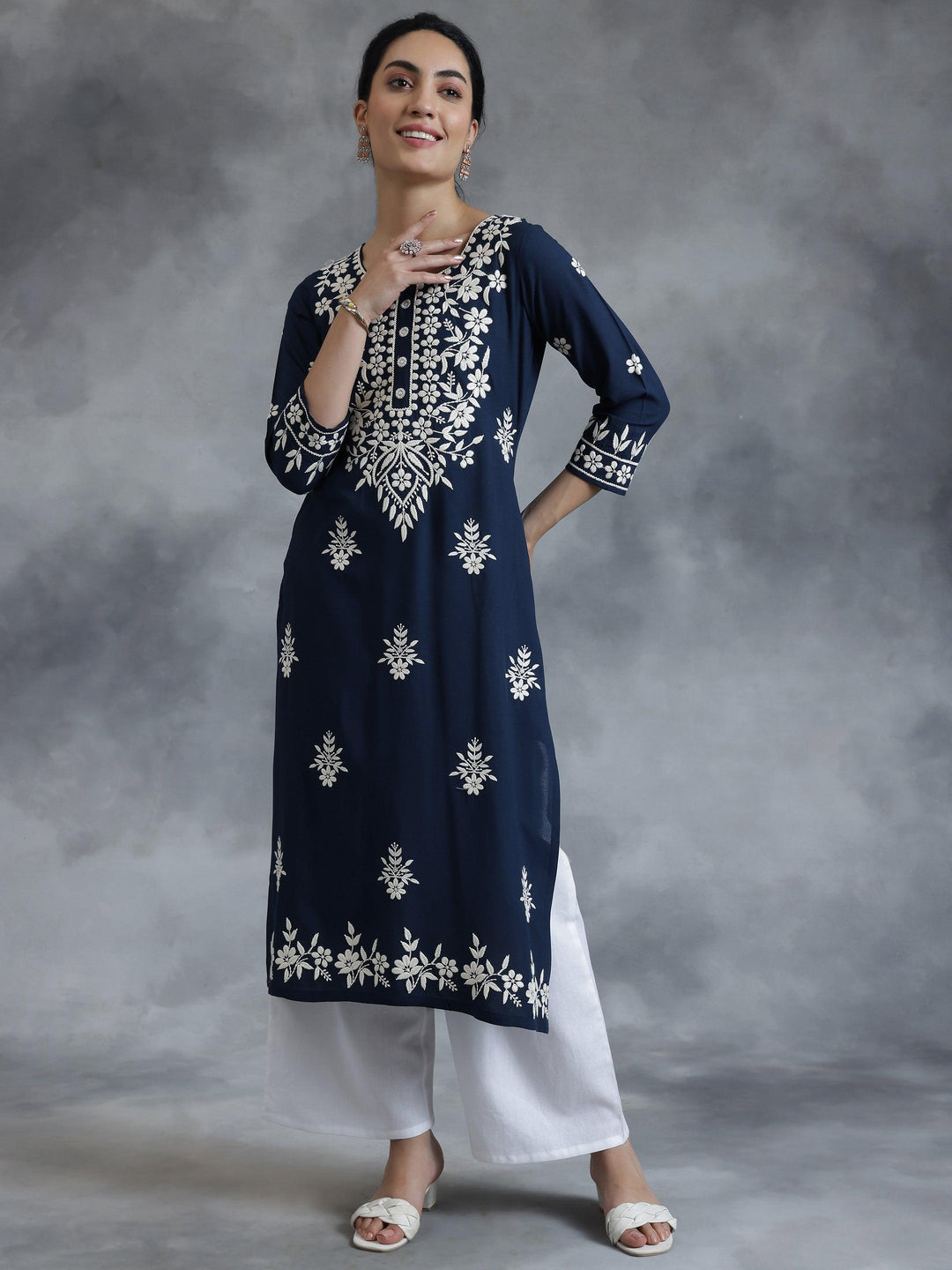 Blue Embroidered Rayon Straight Kurta - Libas