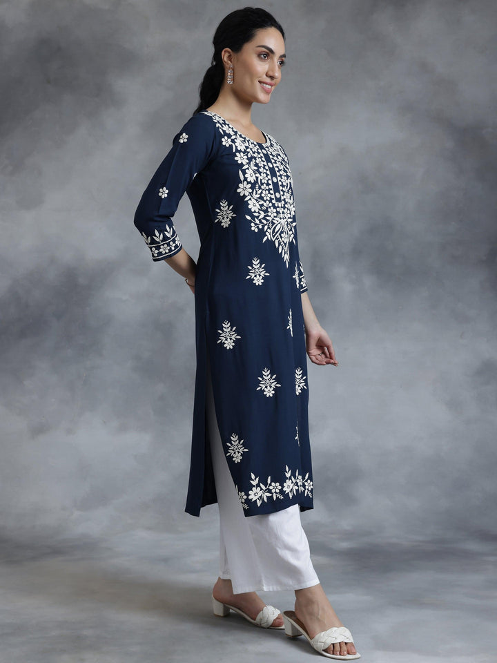 Blue Embroidered Rayon Straight Kurta - Libas