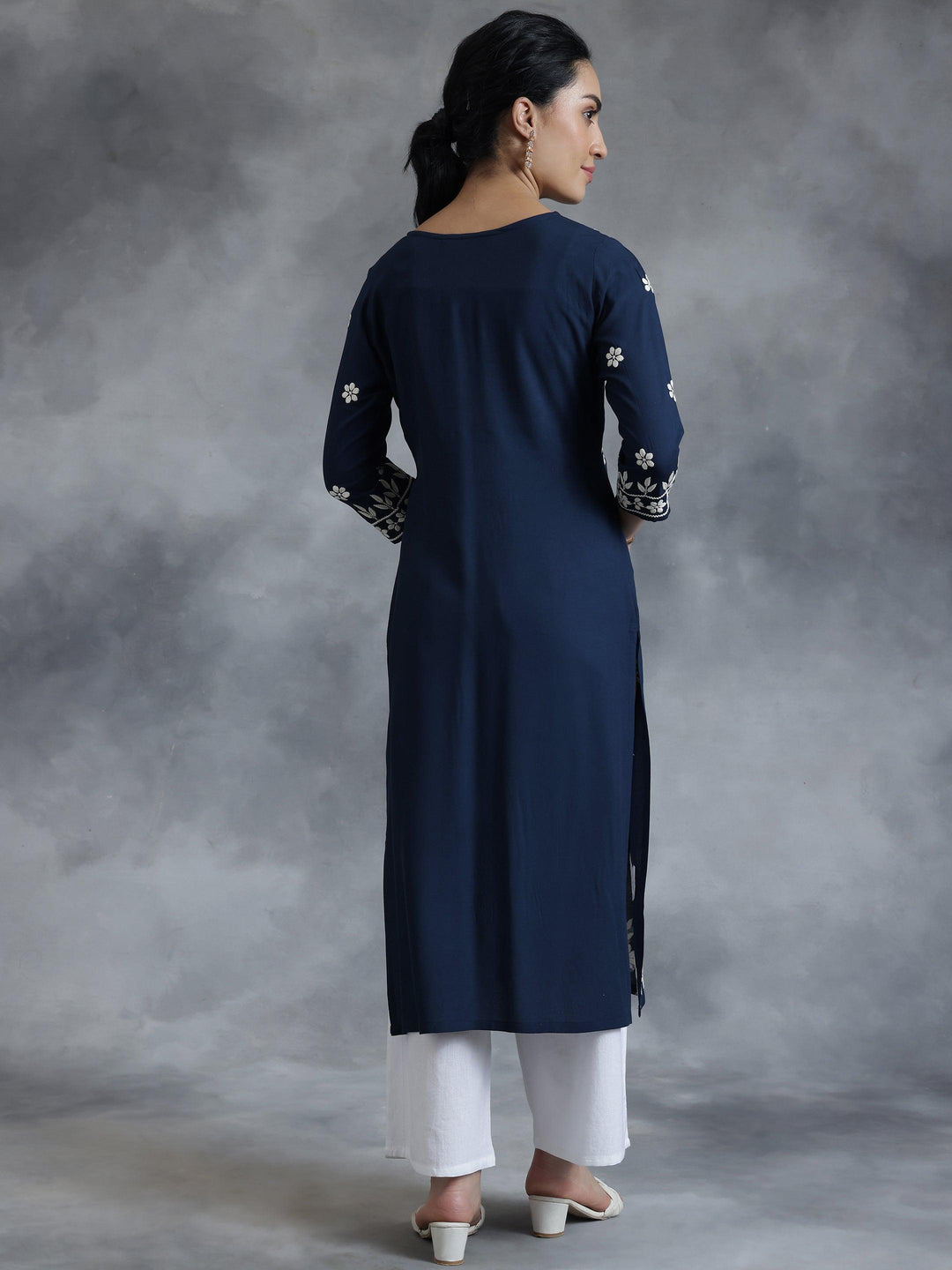 Blue Embroidered Rayon Straight Kurta - Libas