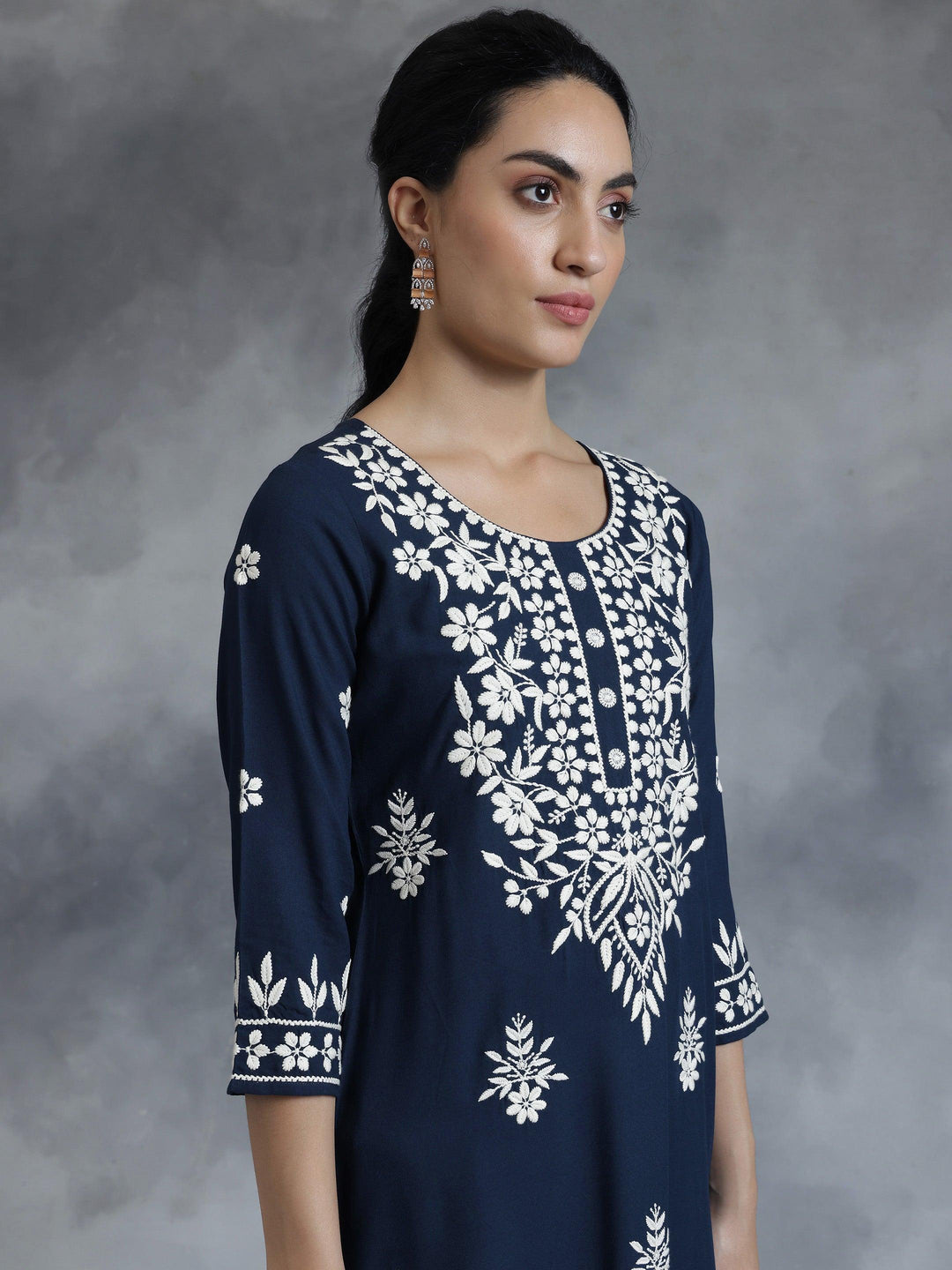 Blue Embroidered Rayon Straight Kurta - Libas