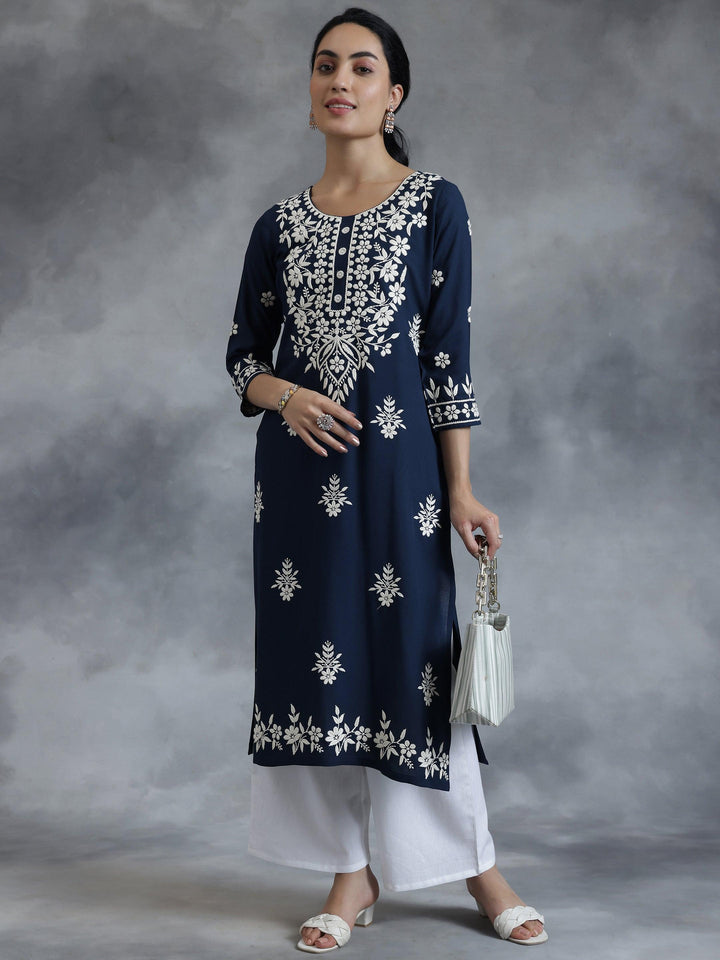 Blue Embroidered Rayon Straight Kurta - Libas