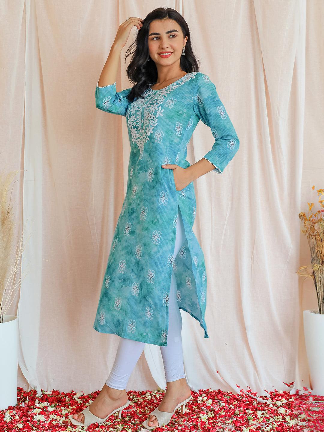 Blue Printed Cotton Straight Kurta - Libas