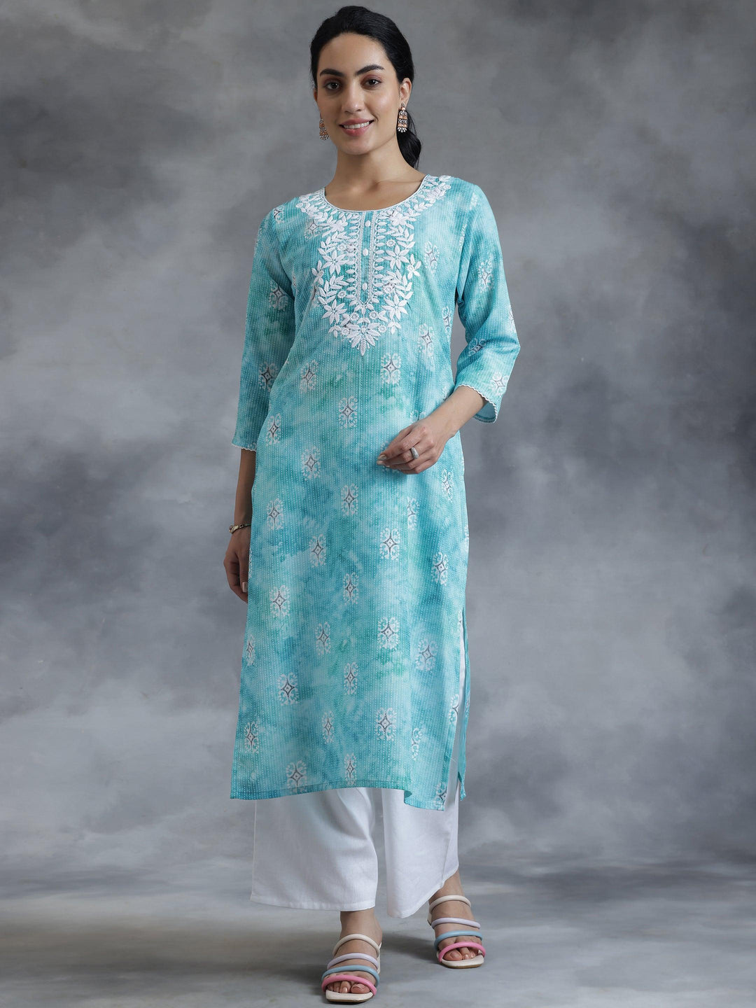 Blue Printed Cotton Straight Kurta - Libas