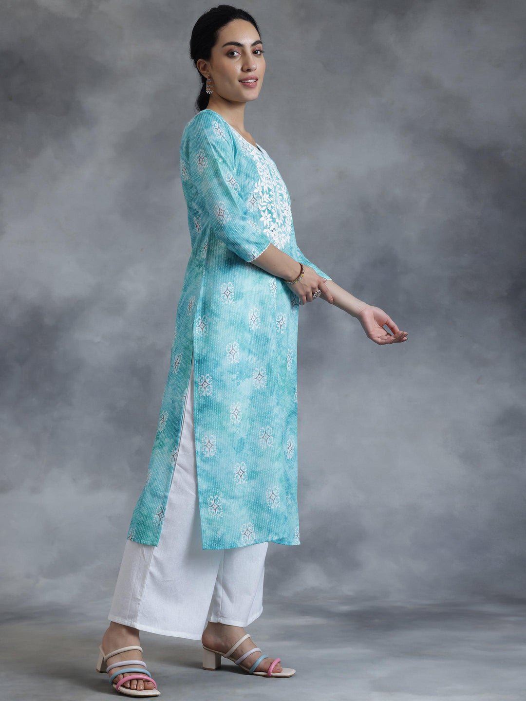 Blue Printed Cotton Straight Kurta - Libas