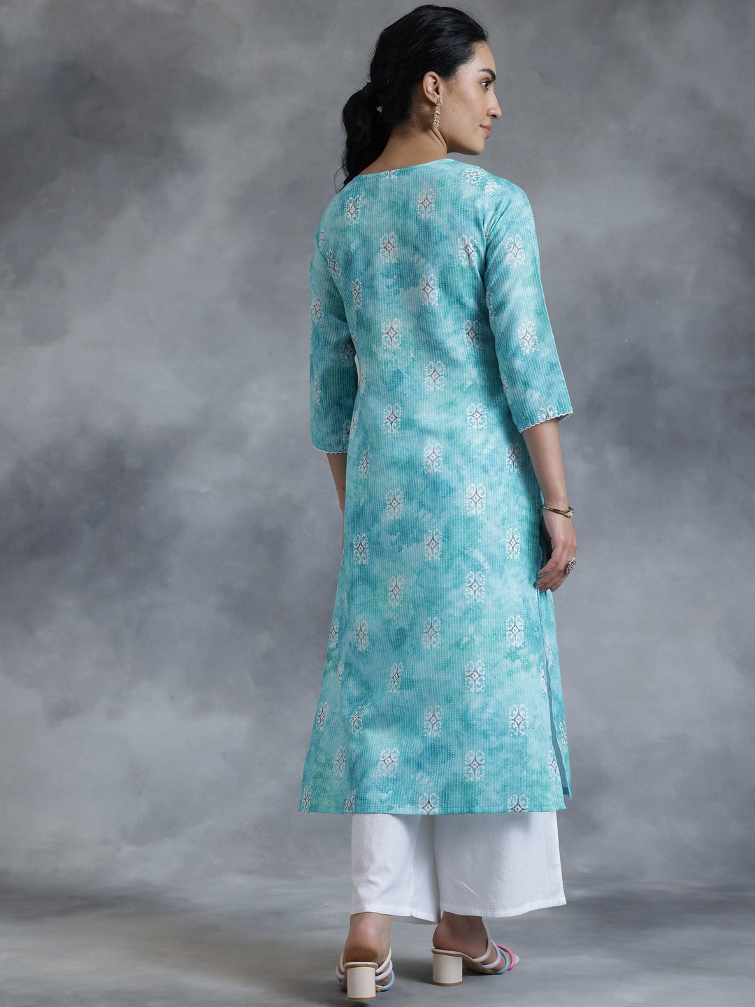 Blue Printed Cotton Straight Kurta - Libas