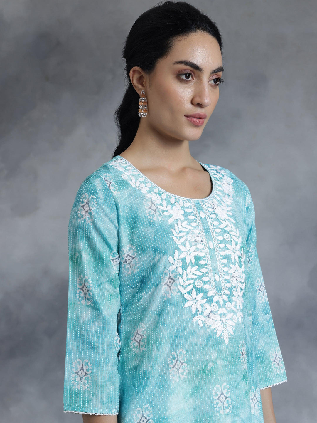 Blue Printed Cotton Straight Kurta - Libas