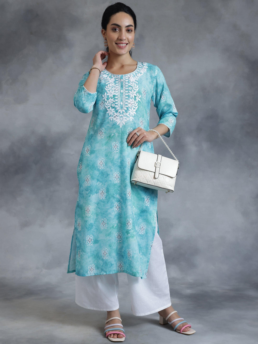 Blue Printed Cotton Straight Kurta - Libas