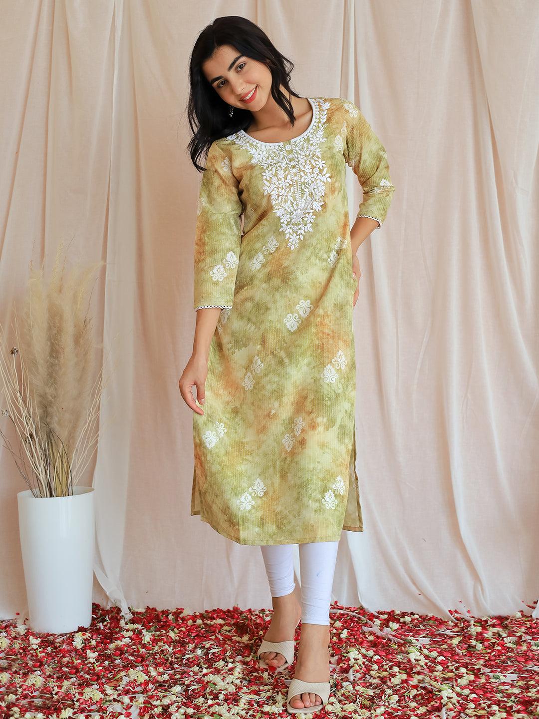 Green Printed Cotton Straight Kurta - Libas 