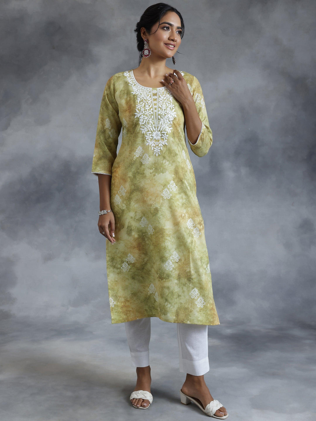 Green Printed Cotton Straight Kurta - Libas 