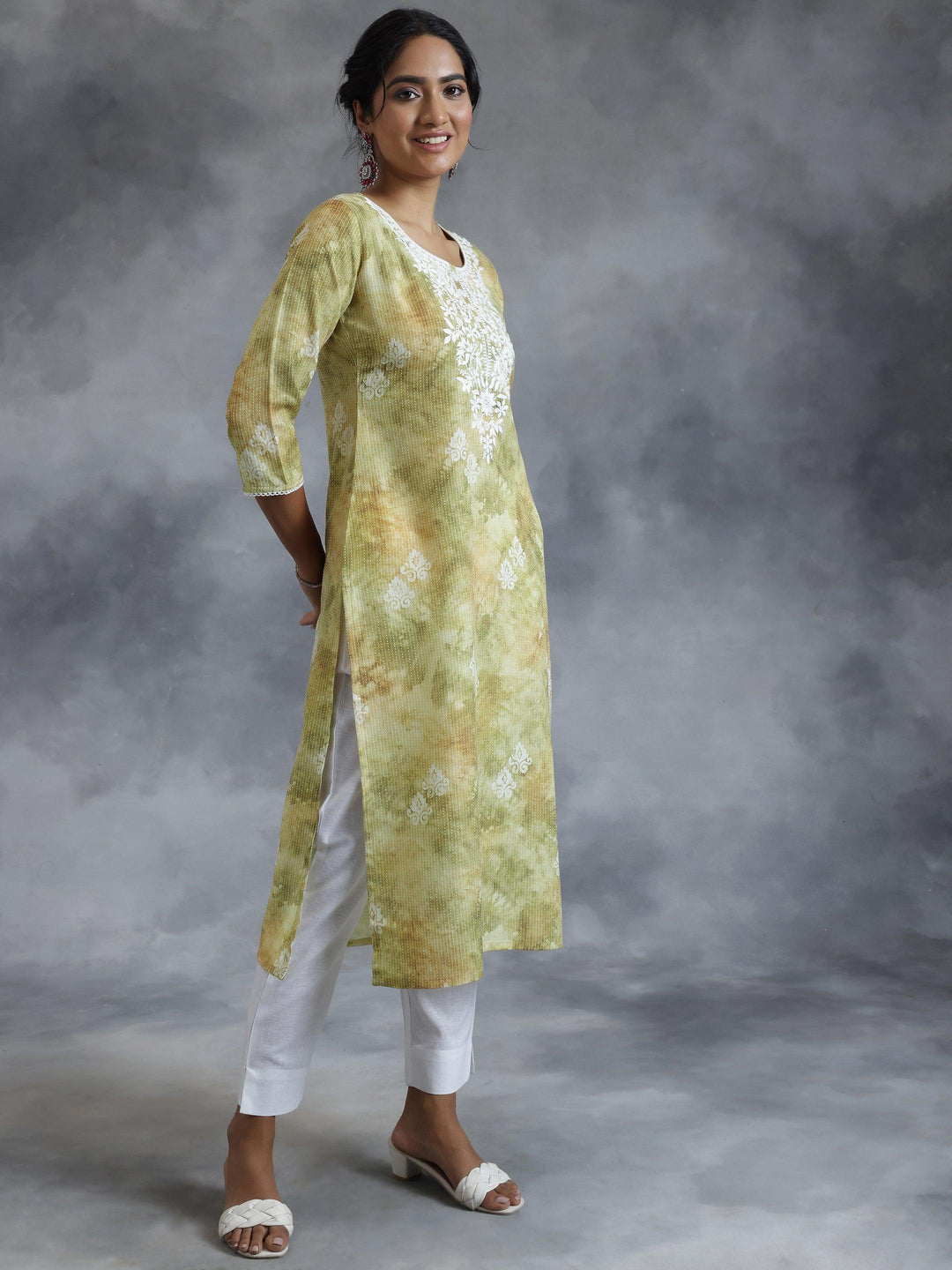 Green Printed Cotton Straight Kurta - Libas 