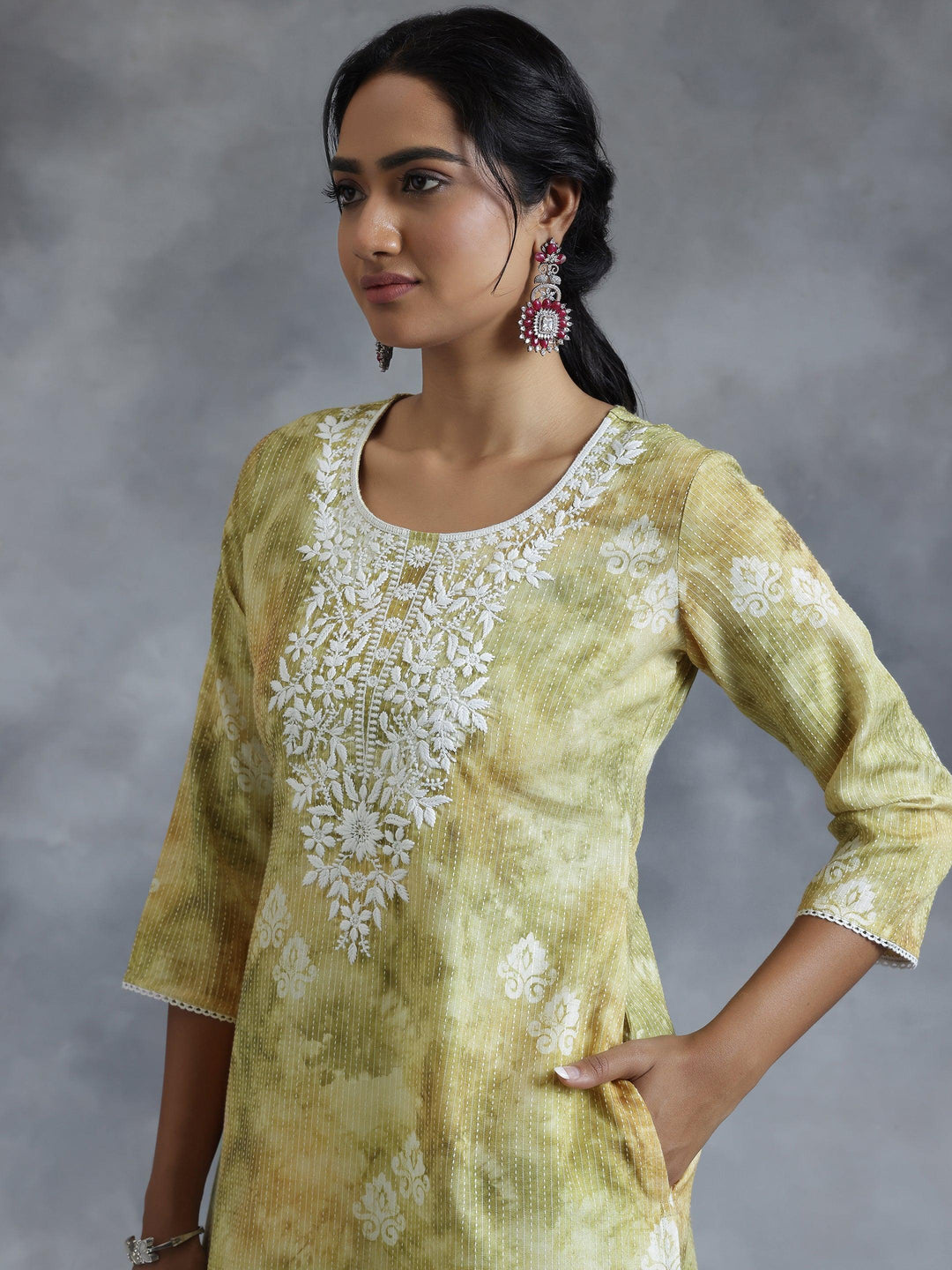 Green Printed Cotton Straight Kurta - Libas 