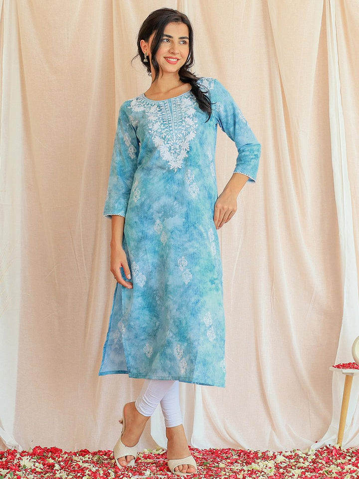 Blue Printed Cotton Straight Kurta - Libas