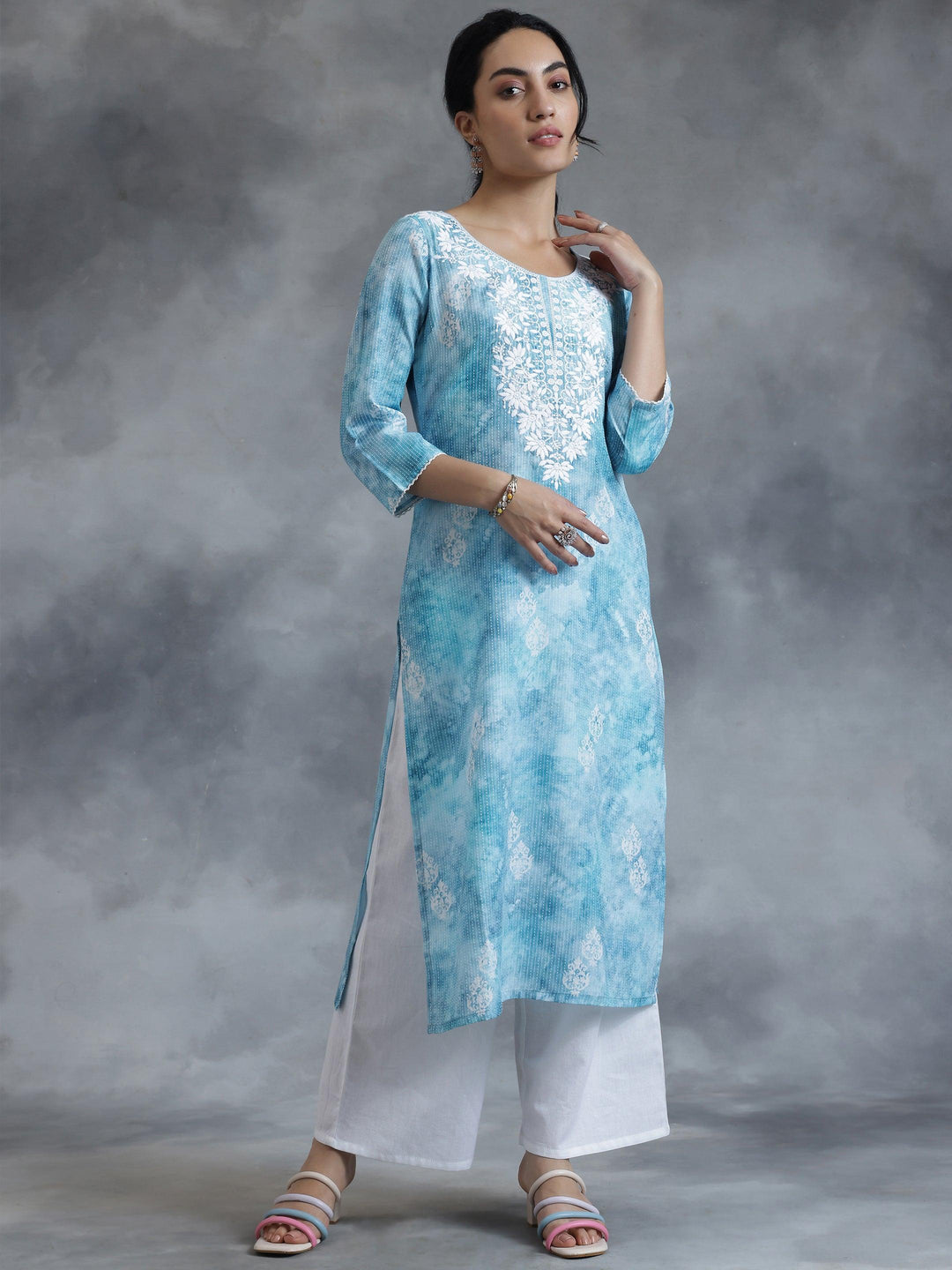 Blue Printed Cotton Straight Kurta - Libas