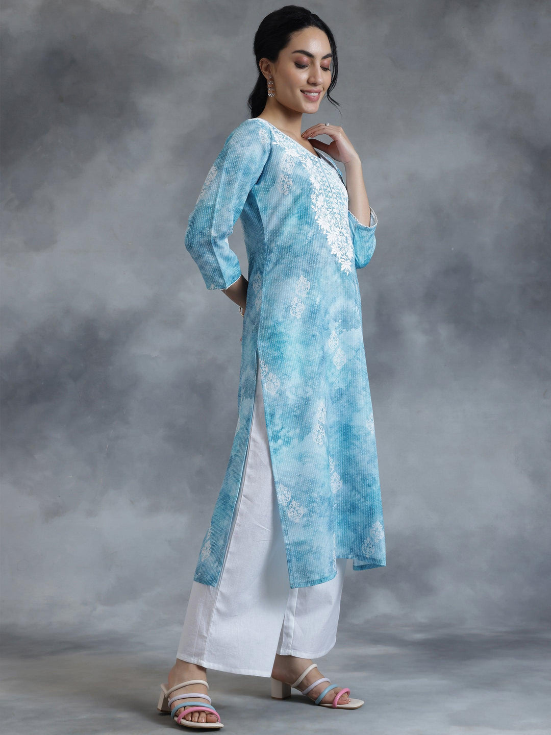 Blue Printed Cotton Straight Kurta - Libas