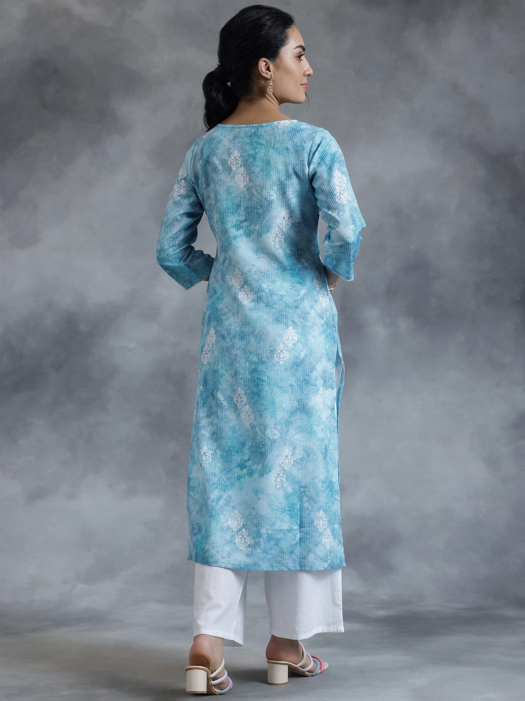 Blue Printed Cotton Straight Kurta - Libas