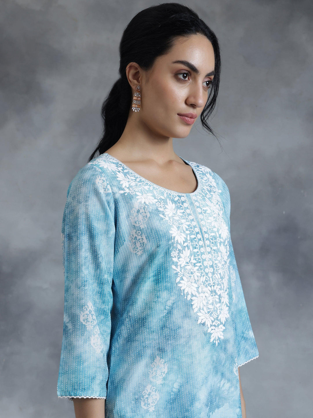 Blue Printed Cotton Straight Kurta - Libas