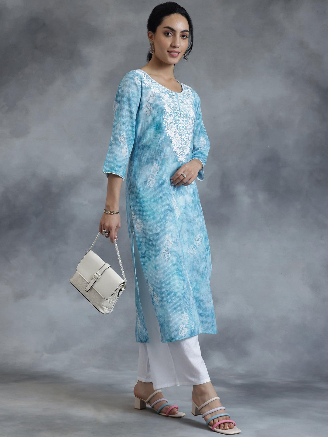 Blue Printed Cotton Straight Kurta - Libas