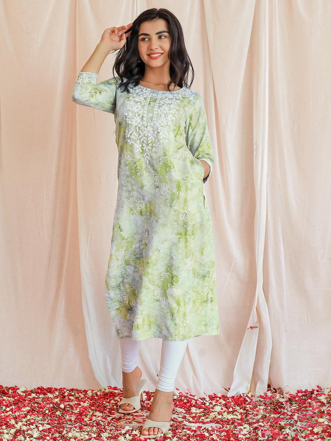 Green Printed Cotton Straight Kurta - Libas 