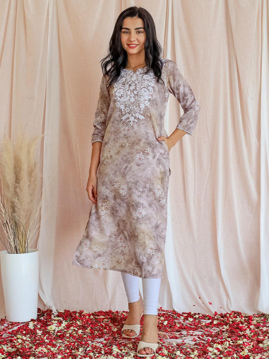 Taupe Printed Cotton Straight Kurta - Libas 