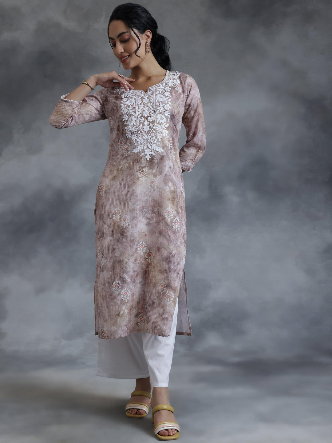 Taupe Printed Cotton Straight Kurta - Libas 