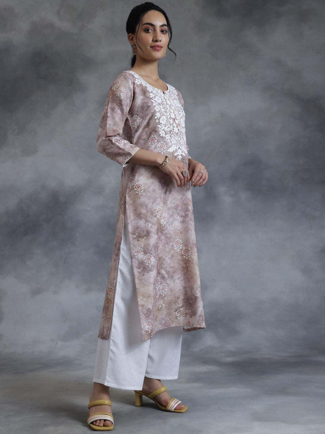 Taupe Printed Cotton Straight Kurta - Libas 