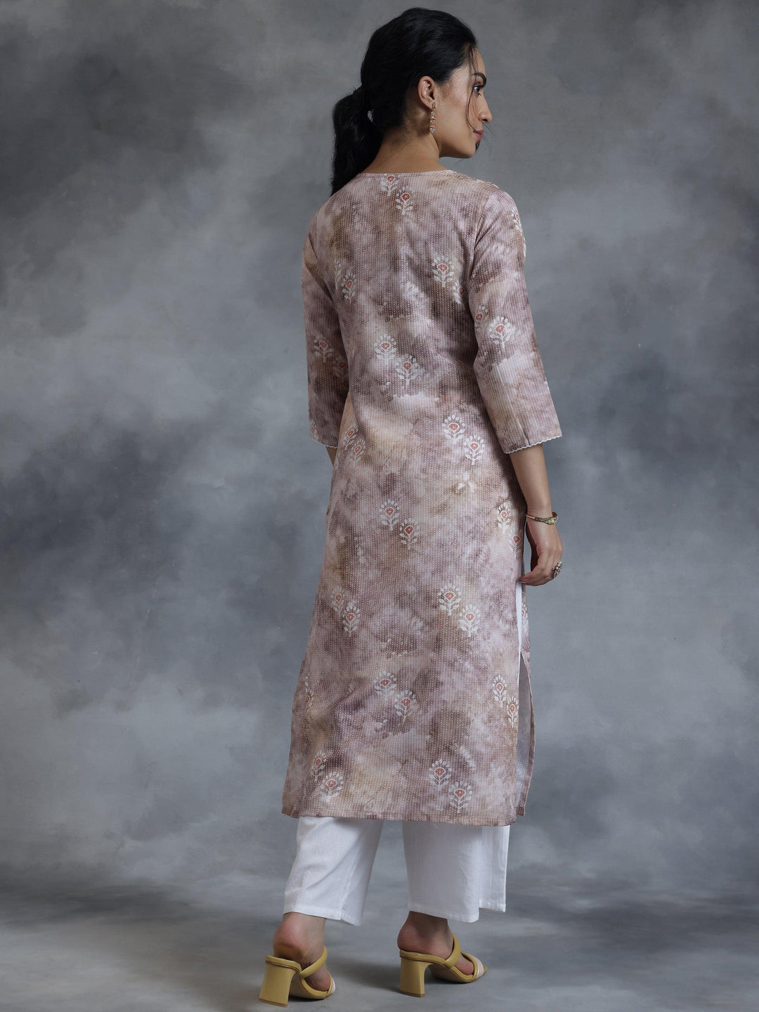 Taupe Printed Cotton Straight Kurta - Libas 