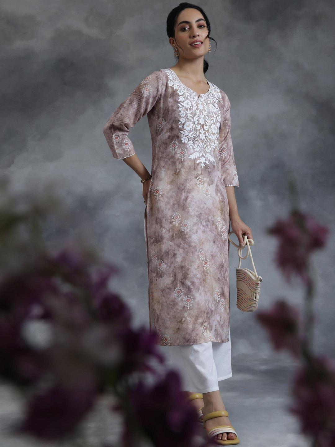 Taupe Printed Cotton Straight Kurta - Libas