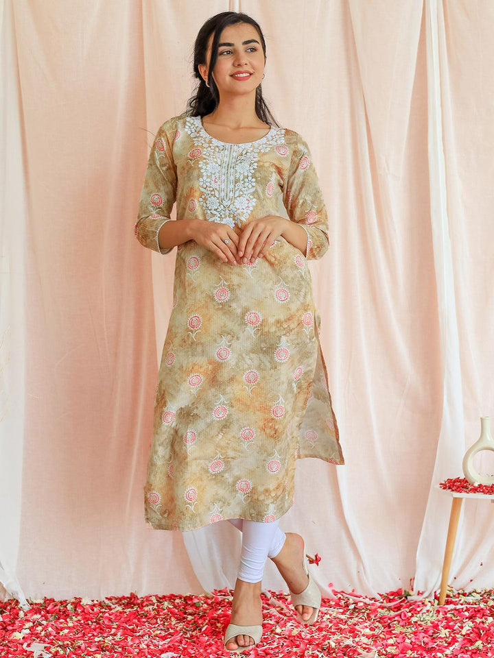 Brown Printed Cotton Straight Kurta - Libas