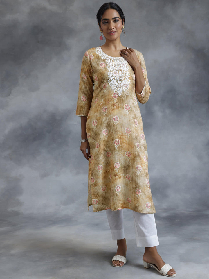 Brown Printed Cotton Straight Kurta - Libas