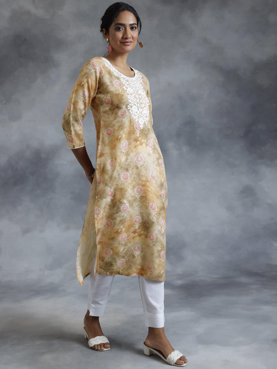 Brown Printed Cotton Straight Kurta - Libas