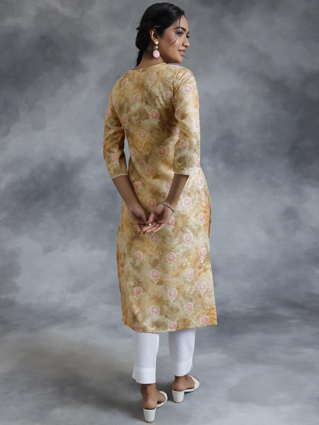 Brown Printed Cotton Straight Kurta - Libas