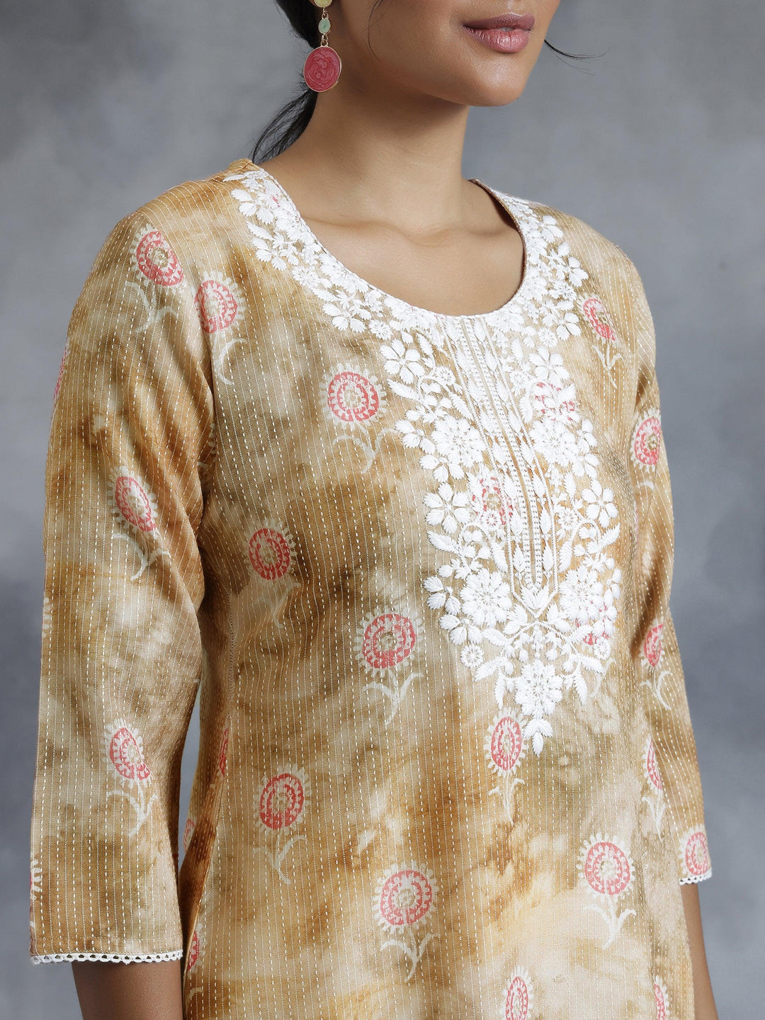 Brown Printed Cotton Straight Kurta - Libas