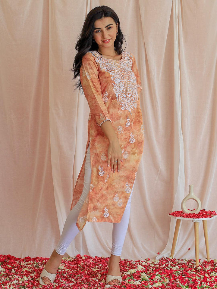 Rust Embroidered Cotton Straight Kurta - Libas