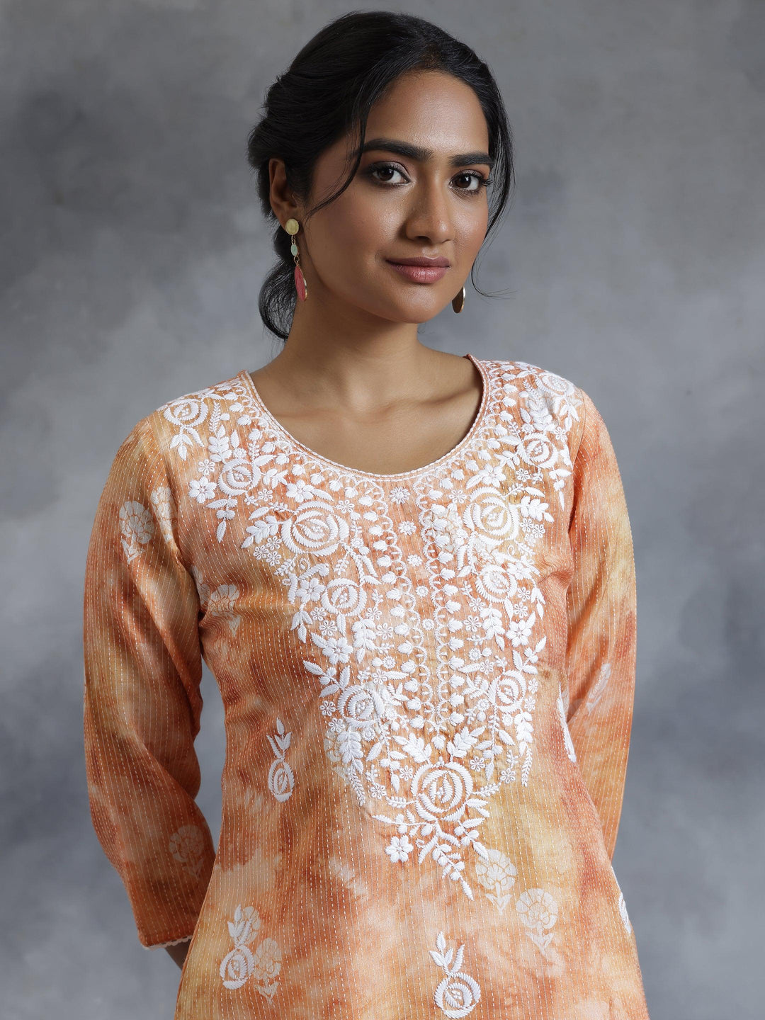 Rust Embroidered Cotton Straight Kurta - Libas