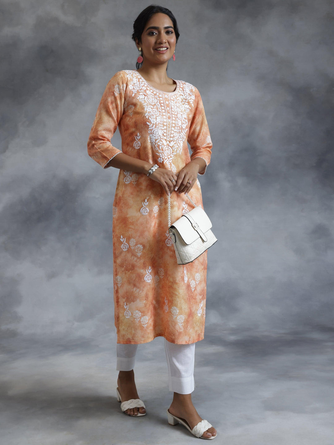 Rust Embroidered Cotton Straight Kurta - Libas