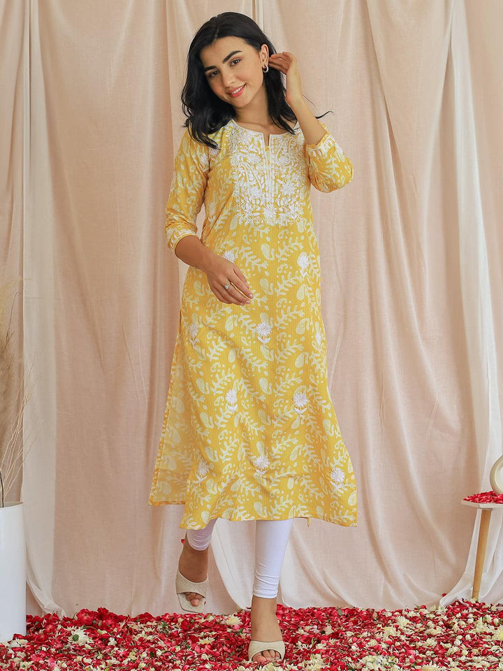 Yellow Embroidered Cotton Straight Kurta - Libas