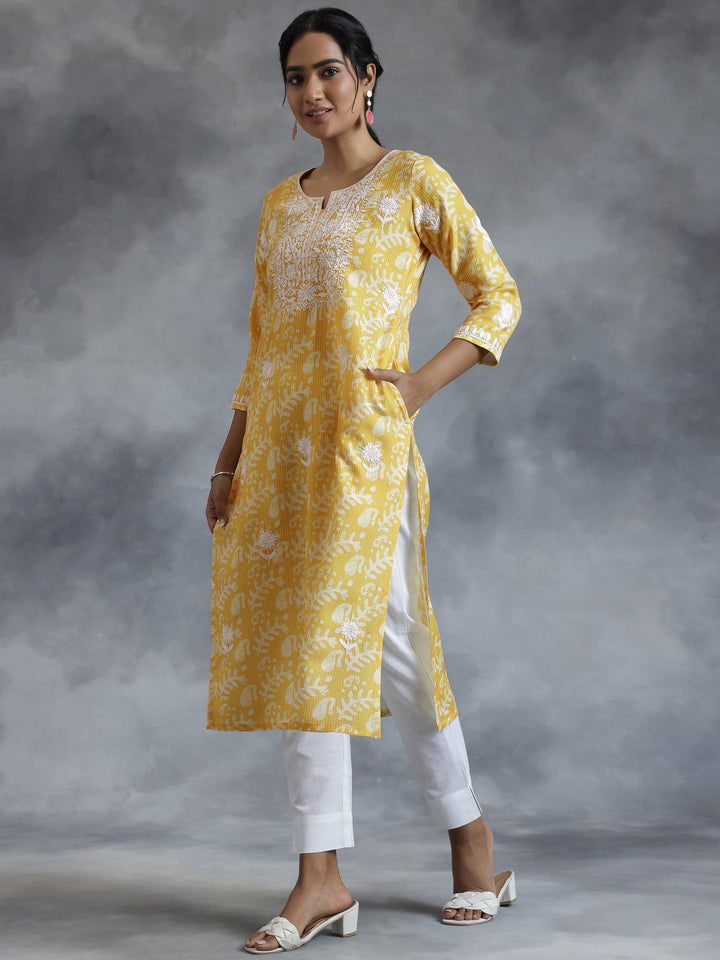 Yellow Embroidered Cotton Straight Kurta - Libas