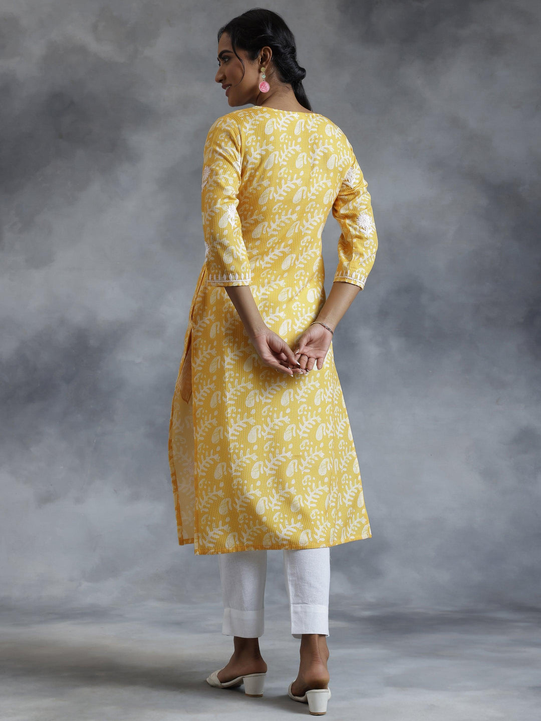 Yellow Embroidered Cotton Straight Kurta - Libas