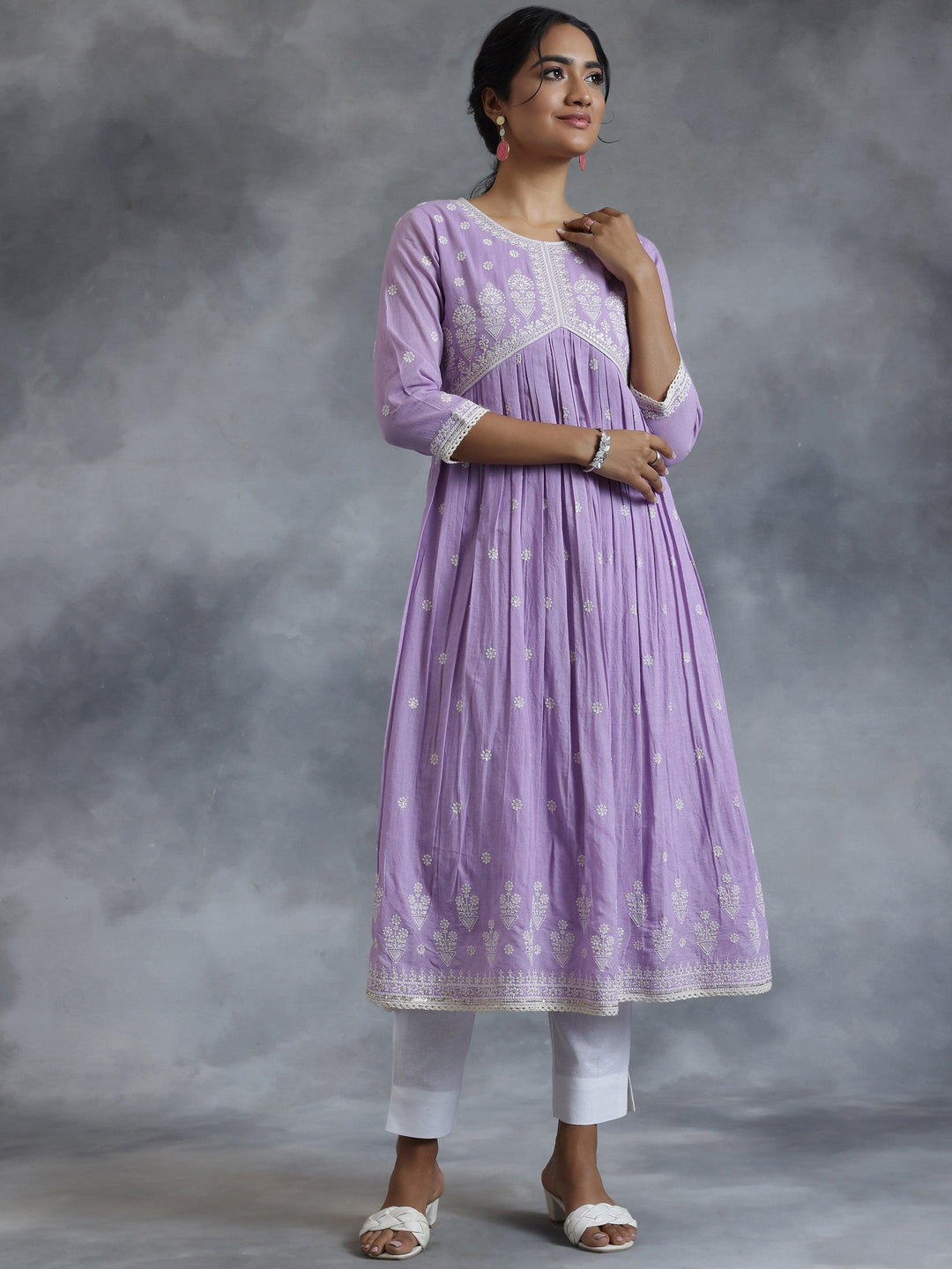 Lavender Embroidered Cotton A-Line Kurta - Libas 