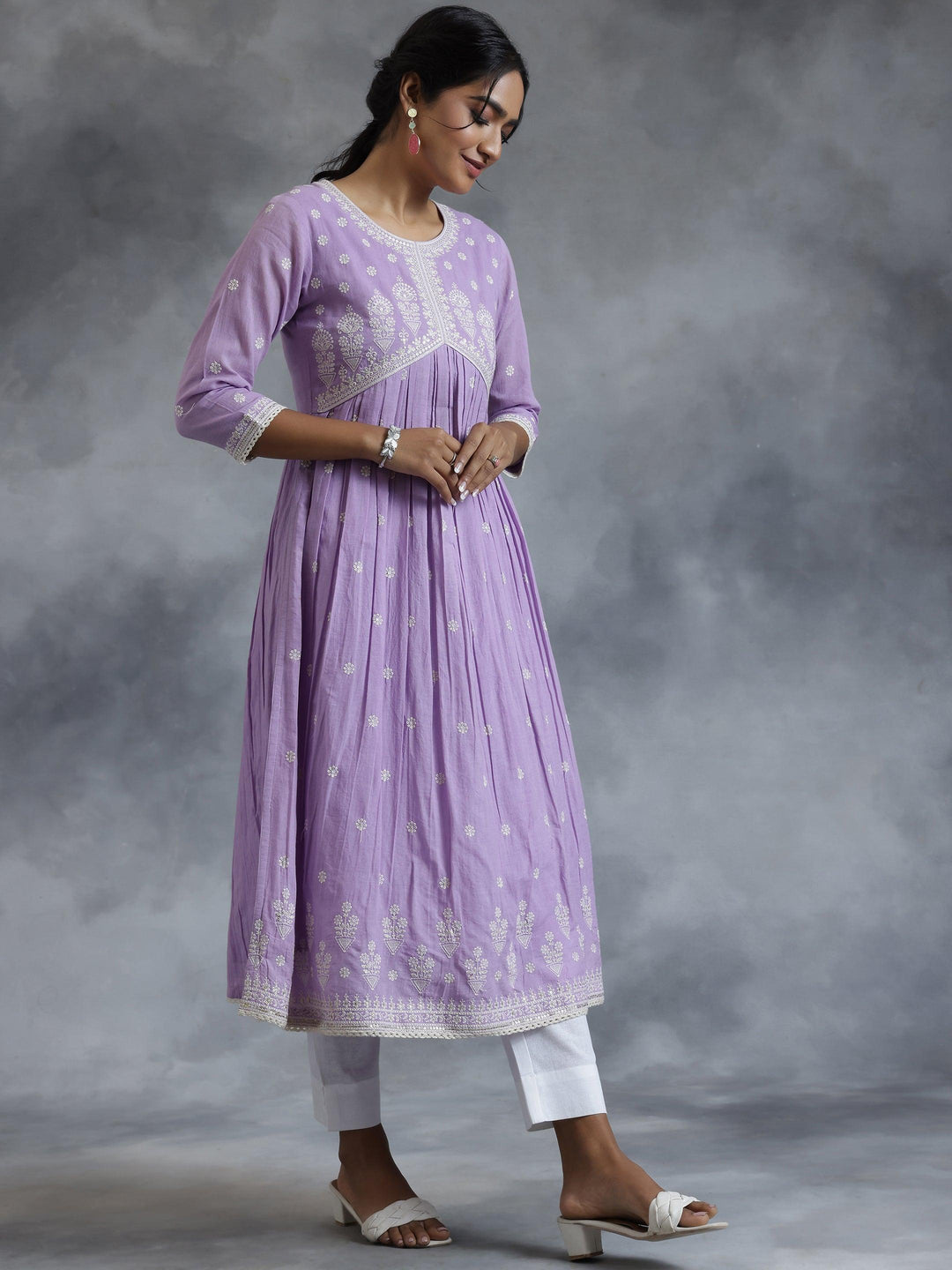 Lavender Embroidered Cotton A-Line Kurta - Libas