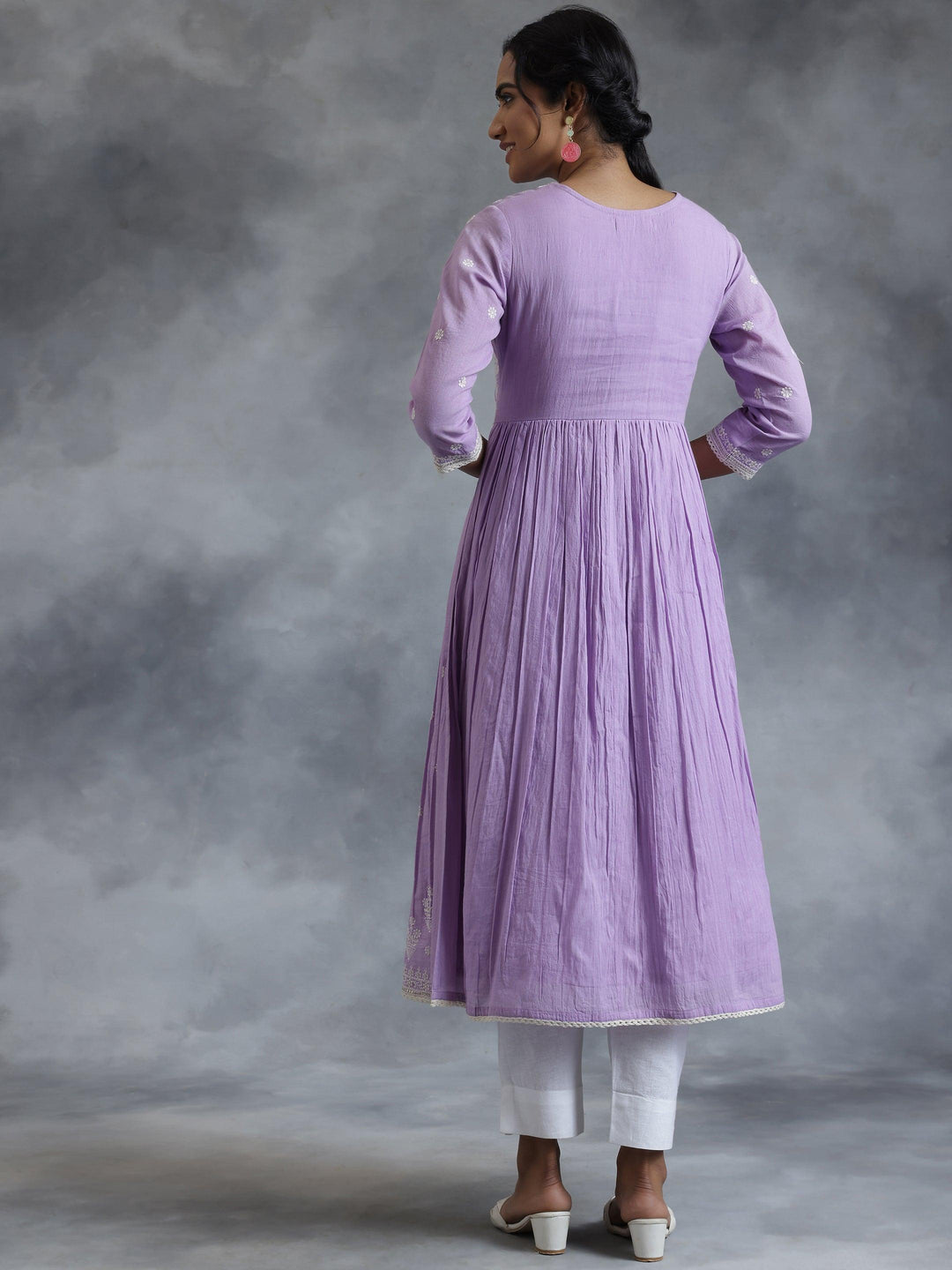 Lavender Embroidered Cotton A-Line Kurta - Libas