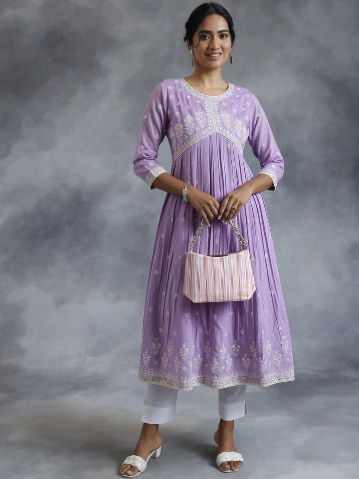 Lavender Embroidered Cotton A-Line Kurta - Libas