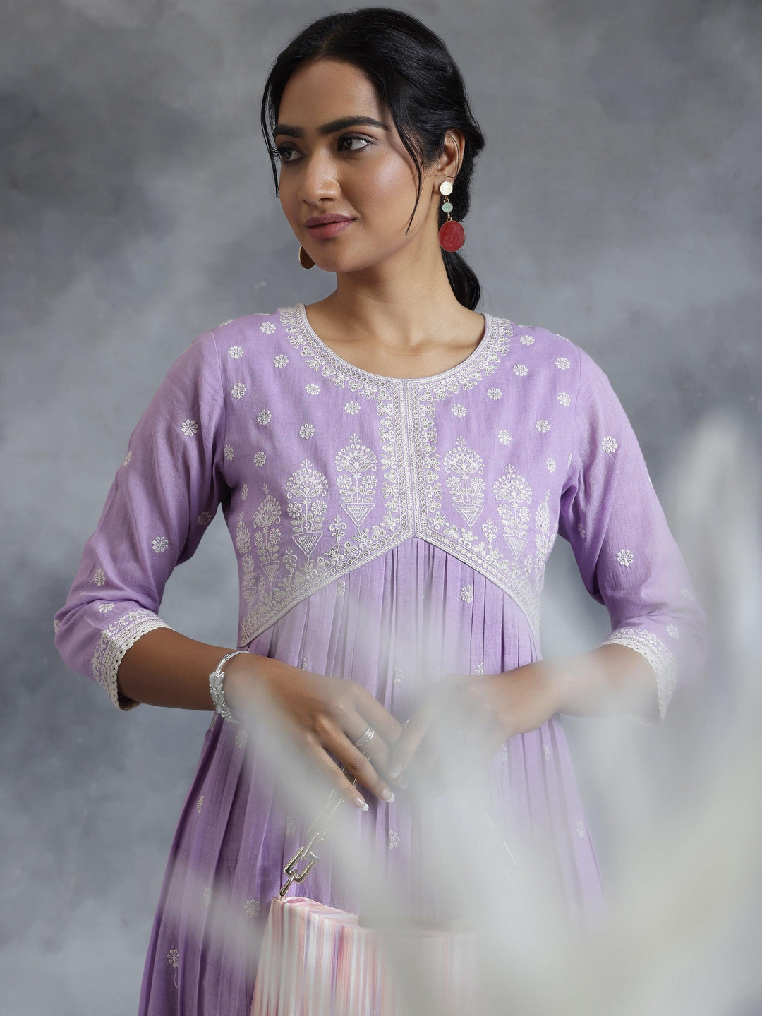 Lavender Embroidered Cotton A-Line Kurta - Libas