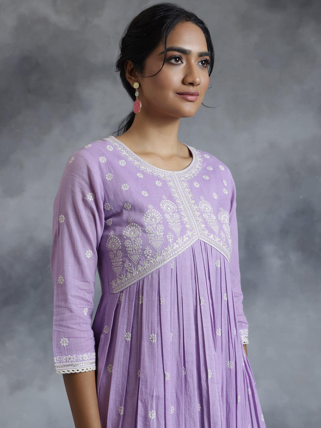 Lavender Embroidered Cotton A-Line Kurta - Libas 