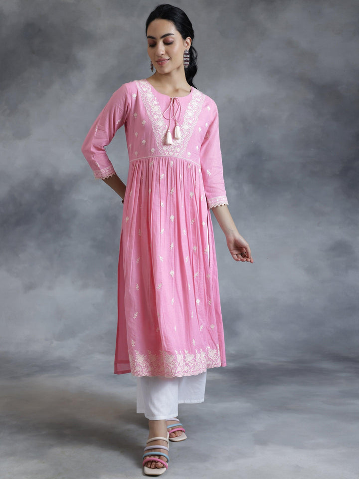 Pink Embroidered Cotton A-Line Kurta - Libas