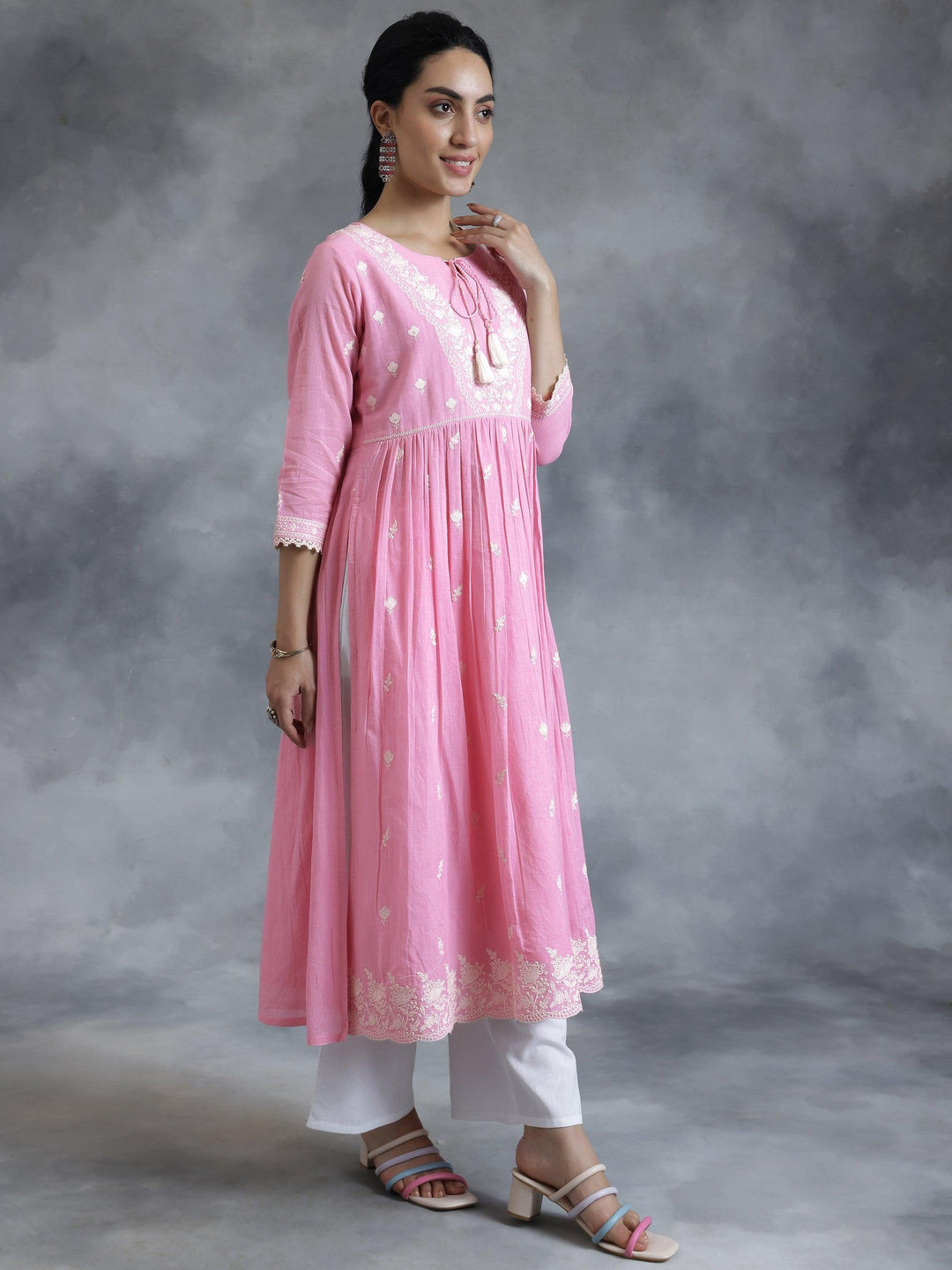 Pink Embroidered Cotton A-Line Kurta - Libas