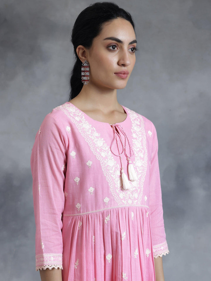 Pink Embroidered Cotton A-Line Kurta - Libas