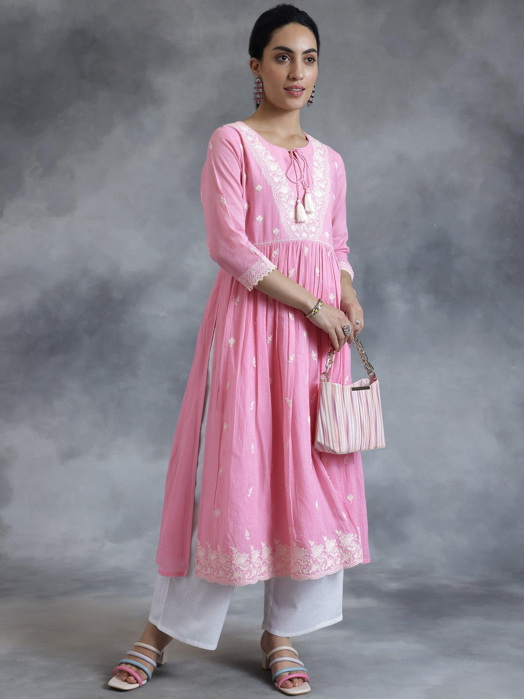 Pink Embroidered Cotton A-Line Kurta - Libas