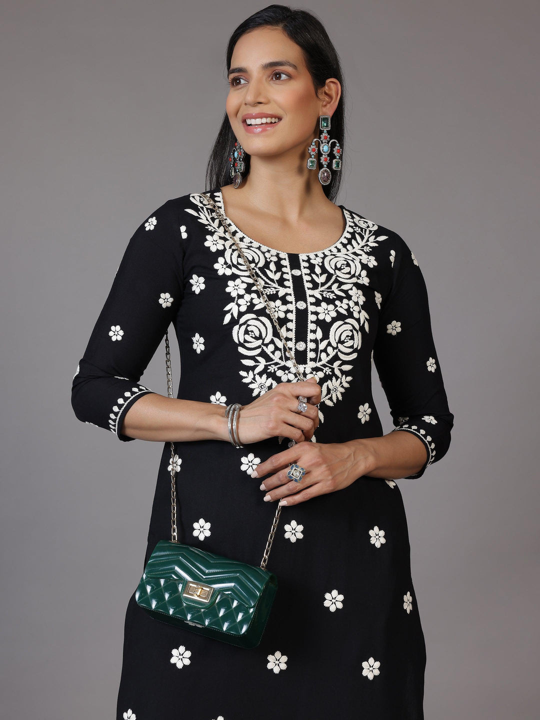 Black Embroidered Rayon Straight Kurta - Libas 